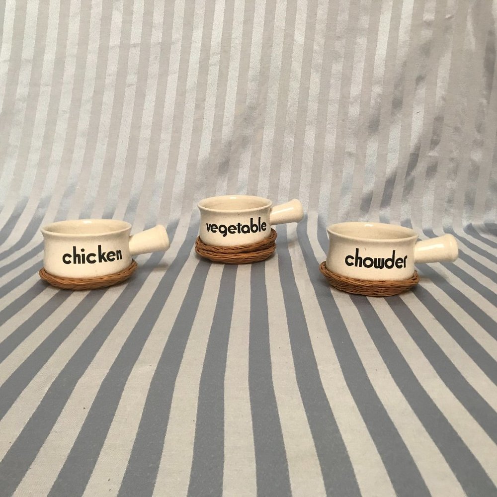 3 Vtg Oven Proof Soup Theme Bowls w/Handles/Coasters